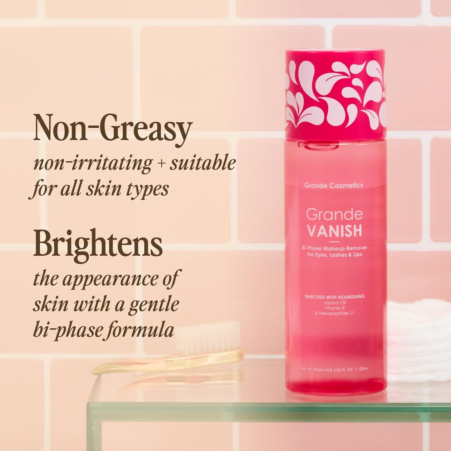 Grande Cosmetics Makeup Remover - Removes Water & Oil-Based Makeup, Dissolves Long-Wear & Waterproof Formulas (3.4 fl oz)