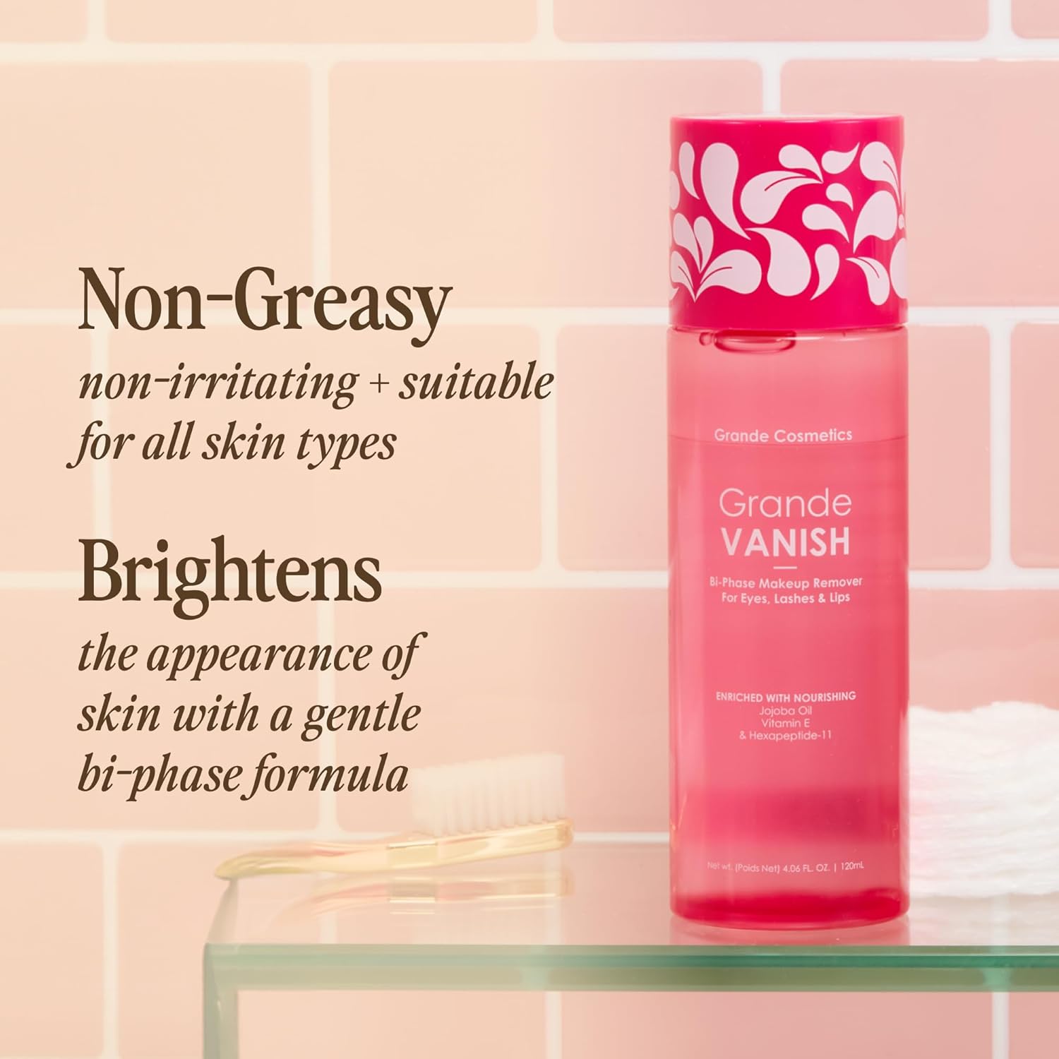 Grande Cosmetics Makeup Remover - Removes Water & Oil-Based Makeup, Dissolves Long-Wear & Waterproof Formulas (3.4 fl oz)