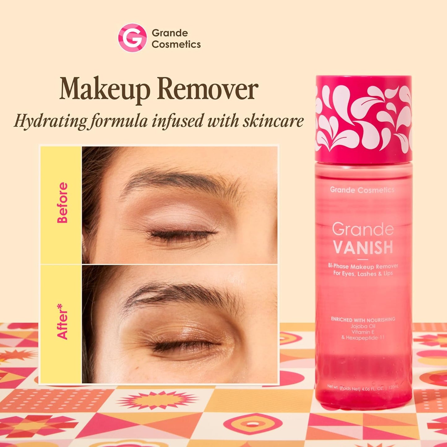 Grande Cosmetics Makeup Remover - Removes Water & Oil-Based Makeup, Dissolves Long-Wear & Waterproof Formulas (3.4 fl oz)
