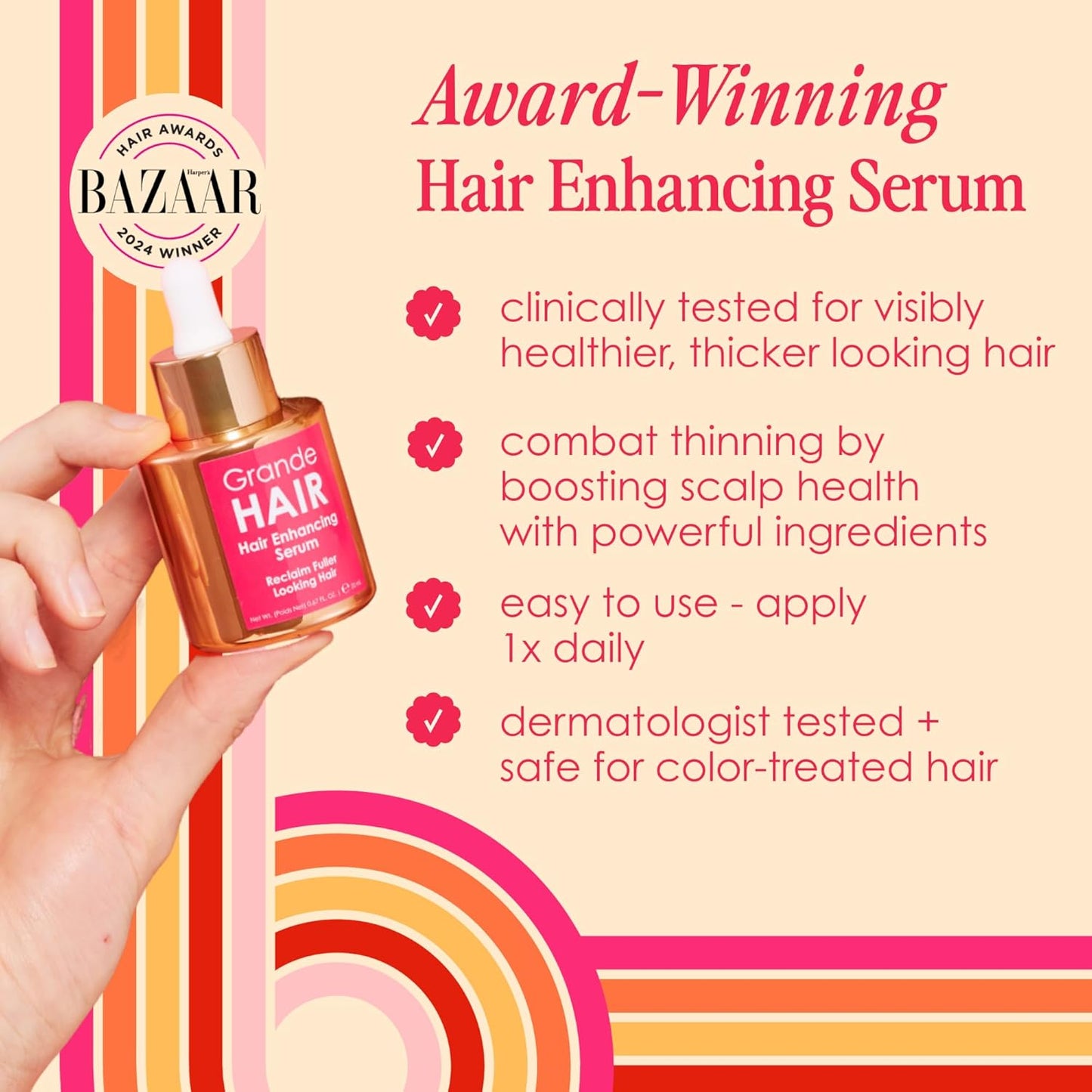 Grande Cosmetics Hair Serum for Men and Women, Promotes Thickness in Thinning Hair, Safe for Color Treated Hair