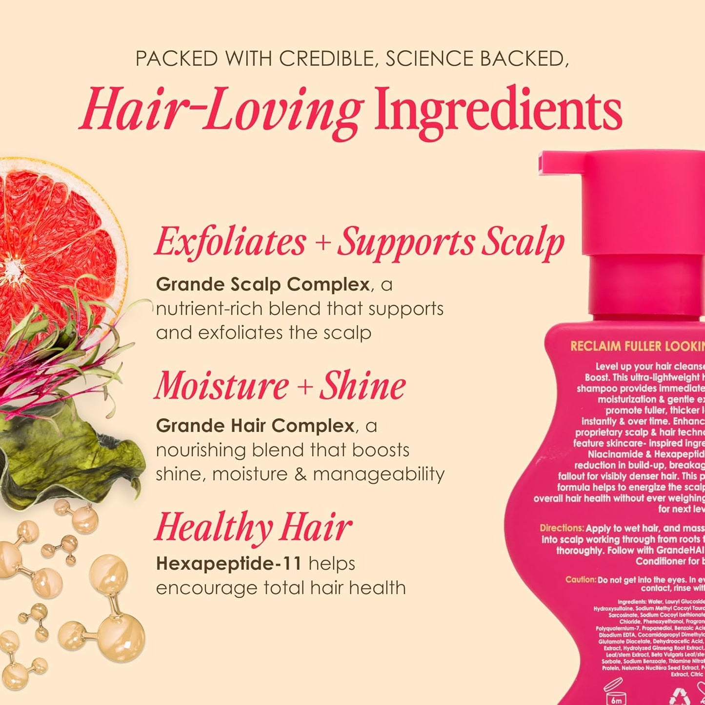 Grande Cosmetics GrandeHAIR Full Boost Shampoo & Conditioner - Sulfate-Free with Niacinamide, Biotin & Rice Protein - Cleanses, Conditions & Strengthens for Healthier & Fuller Looking Hair